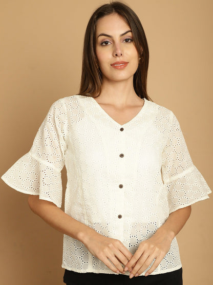 Indian Needle Women's Embroidered Cotton V-Neck Top - White - Distacart