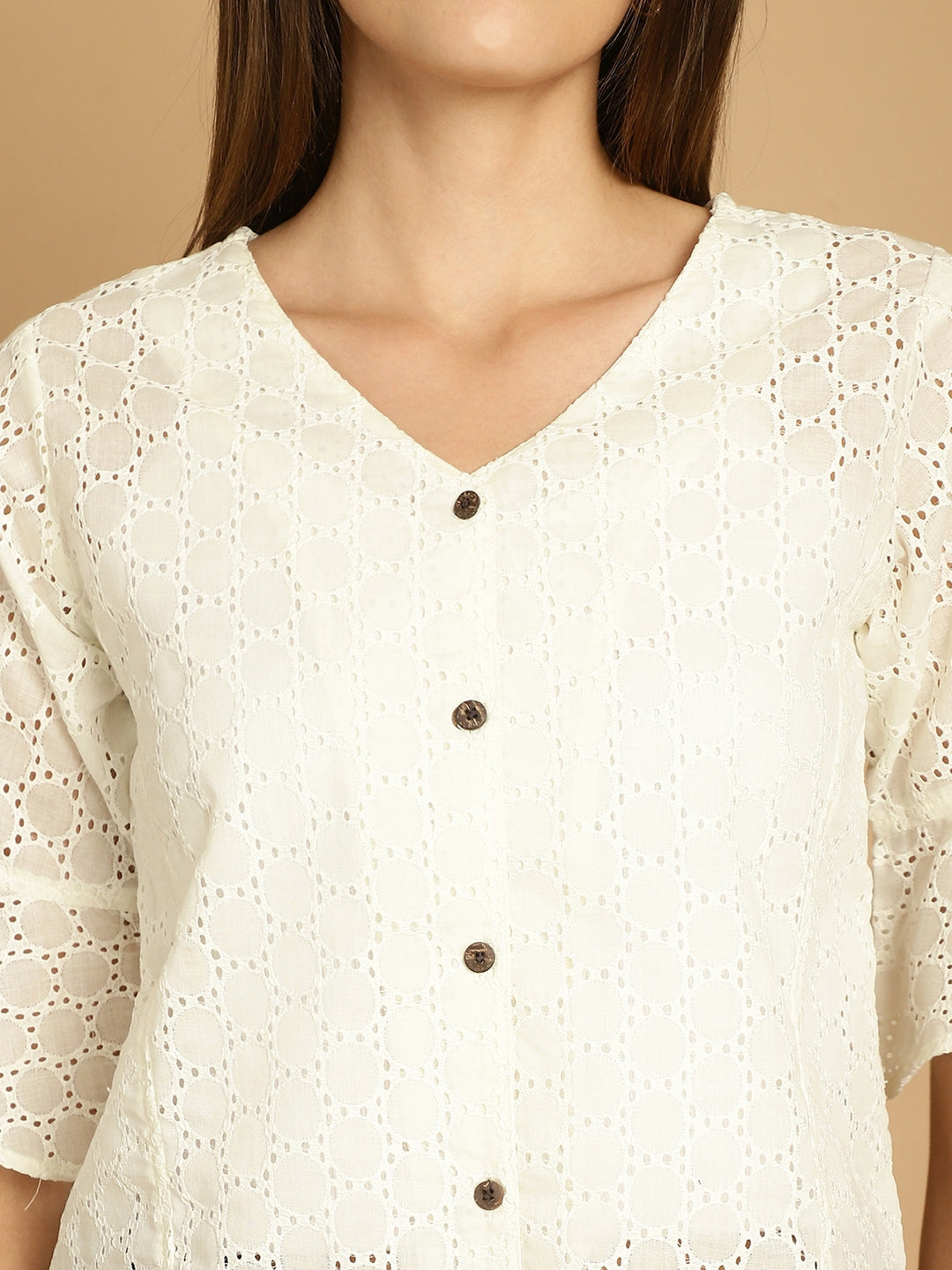 Indian Needle Women's Embroidered Cotton V-Neck Top - White - Distacart