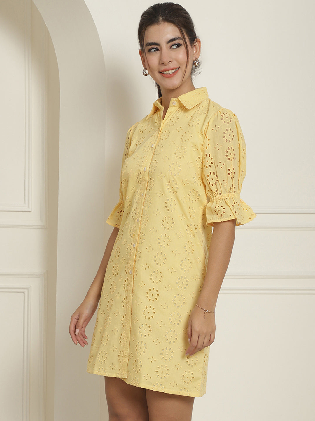 Indian Needle Women's Embroidered Cotton Dress - Yellow - Distacart