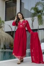 Thumbnail for The52 Women's Beautiful Vichitra Silk Fabric Embroidery Work Flared Anarkali Pant and Dupatta Set - Distacart