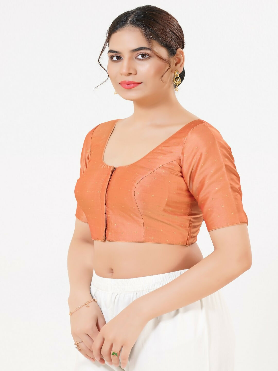 Joban Fashion Rose-Gold Taffeta Silk Elbow Sleeveless Front Open Blouse