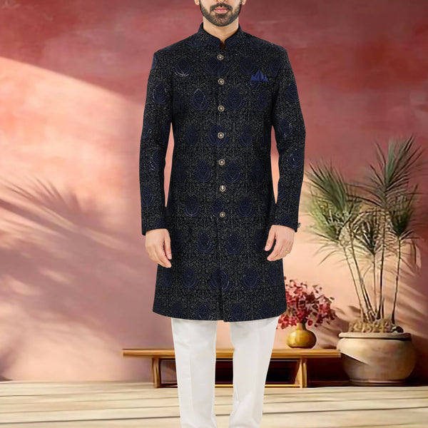 Joban Fashion Men's Blue Base Straight Velvet Thread And Sequence Embroidary All Over Indo-Western Kurta Set - Distacart