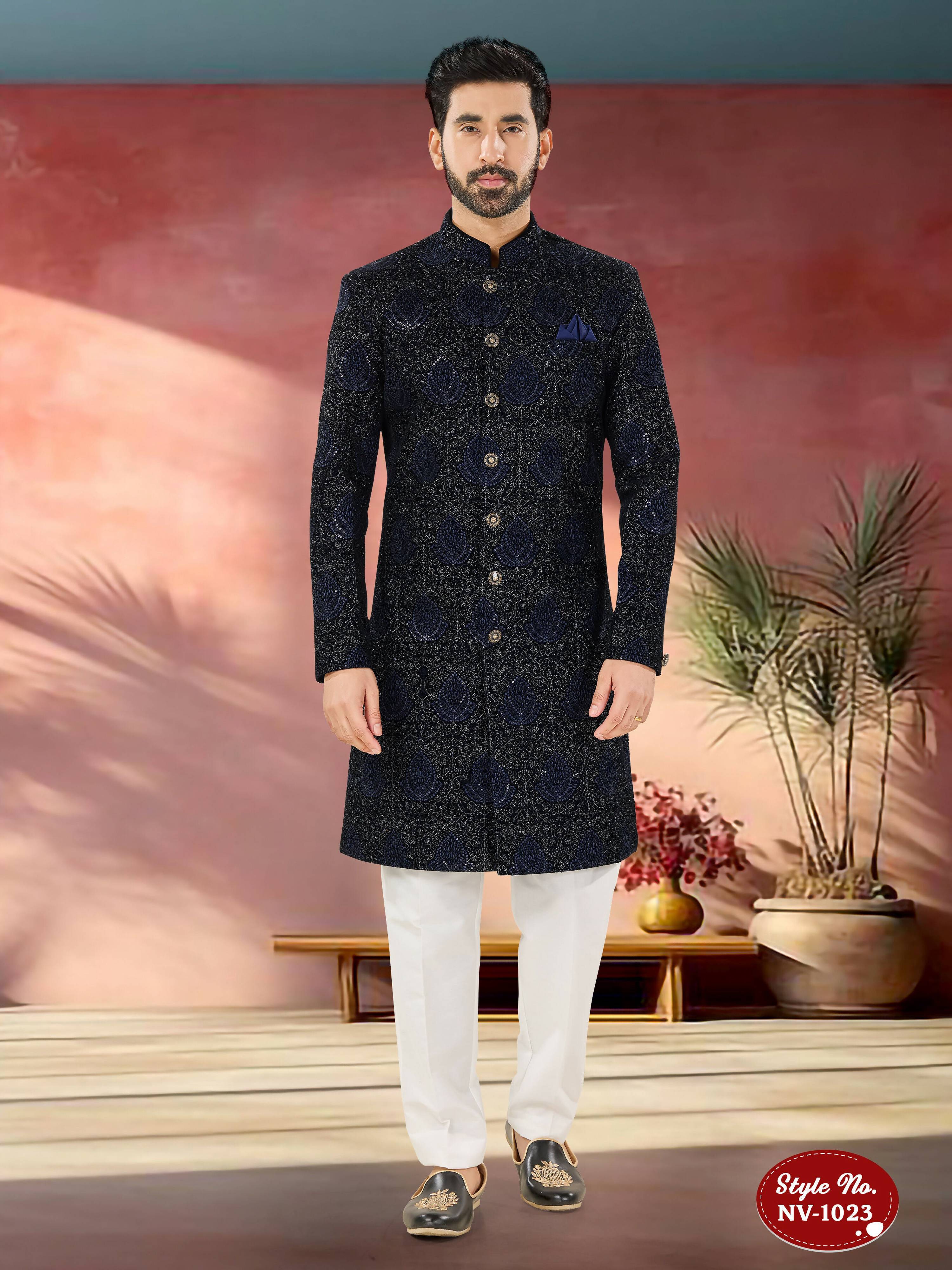 Joban Fashion Men's Blue Base Straight Velvet Thread And Sequence Embroidary All Over Indo-Western Kurta Set - Distacart