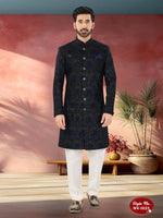 Thumbnail for Joban Fashion Men's Blue Base Straight Velvet Thread And Sequence Embroidary All Over Indo-Western Kurta Set - Distacart