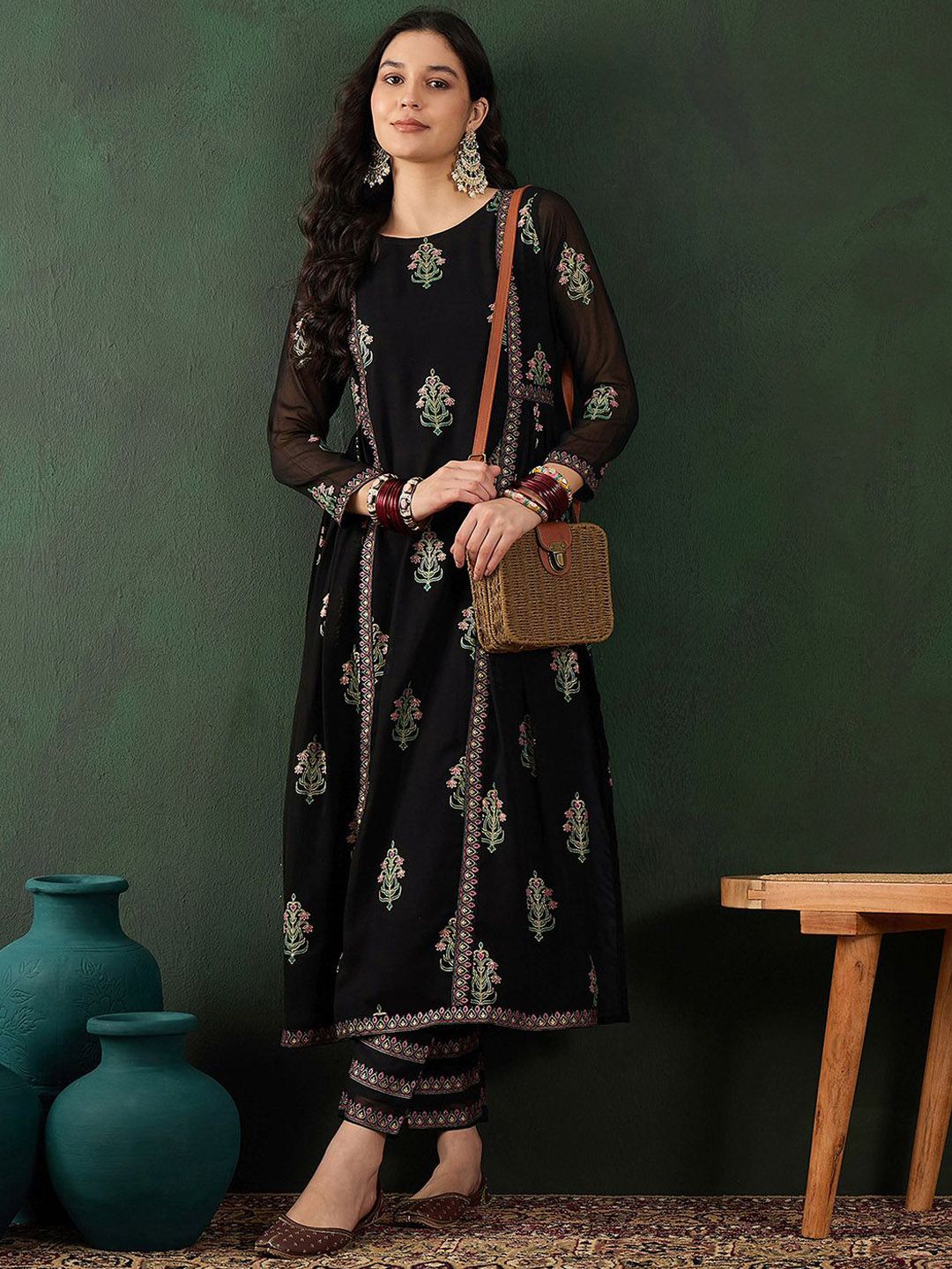 Sangria Floral Printed A-Line Kurta With Trouser