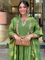 Thumbnail for The52 Light Green Women's Gorgeous Embroidered Work Chanderi Fabric Flared Kurta Pant and Dupatta Set - Distacart