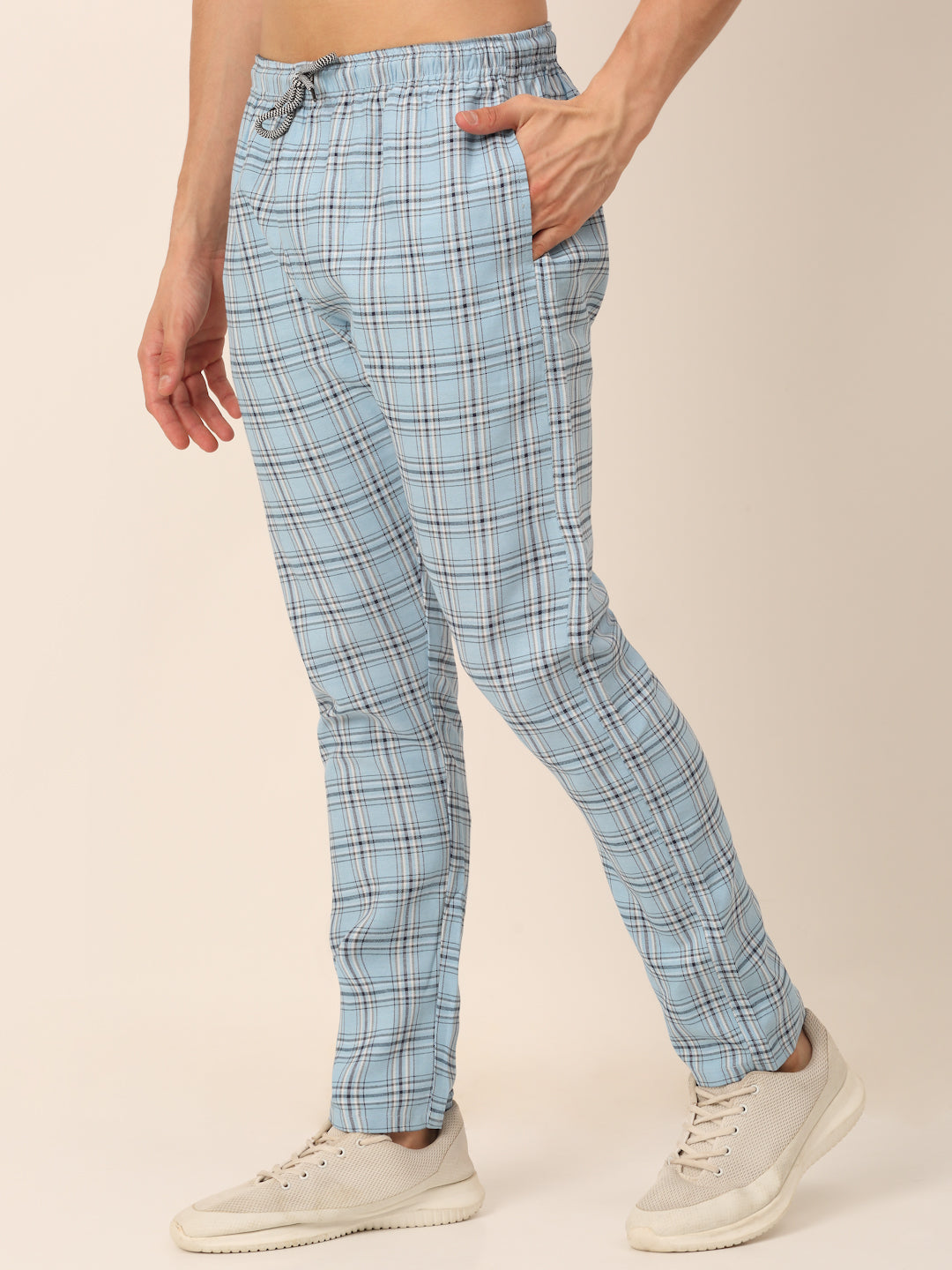 Jainish Men's Checked Cotton Track Pants - Sky Blue - Distacart