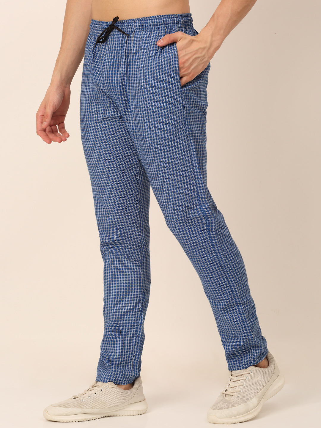 Jainish Men's Checked Cotton Track Pants - Blue - Distacart