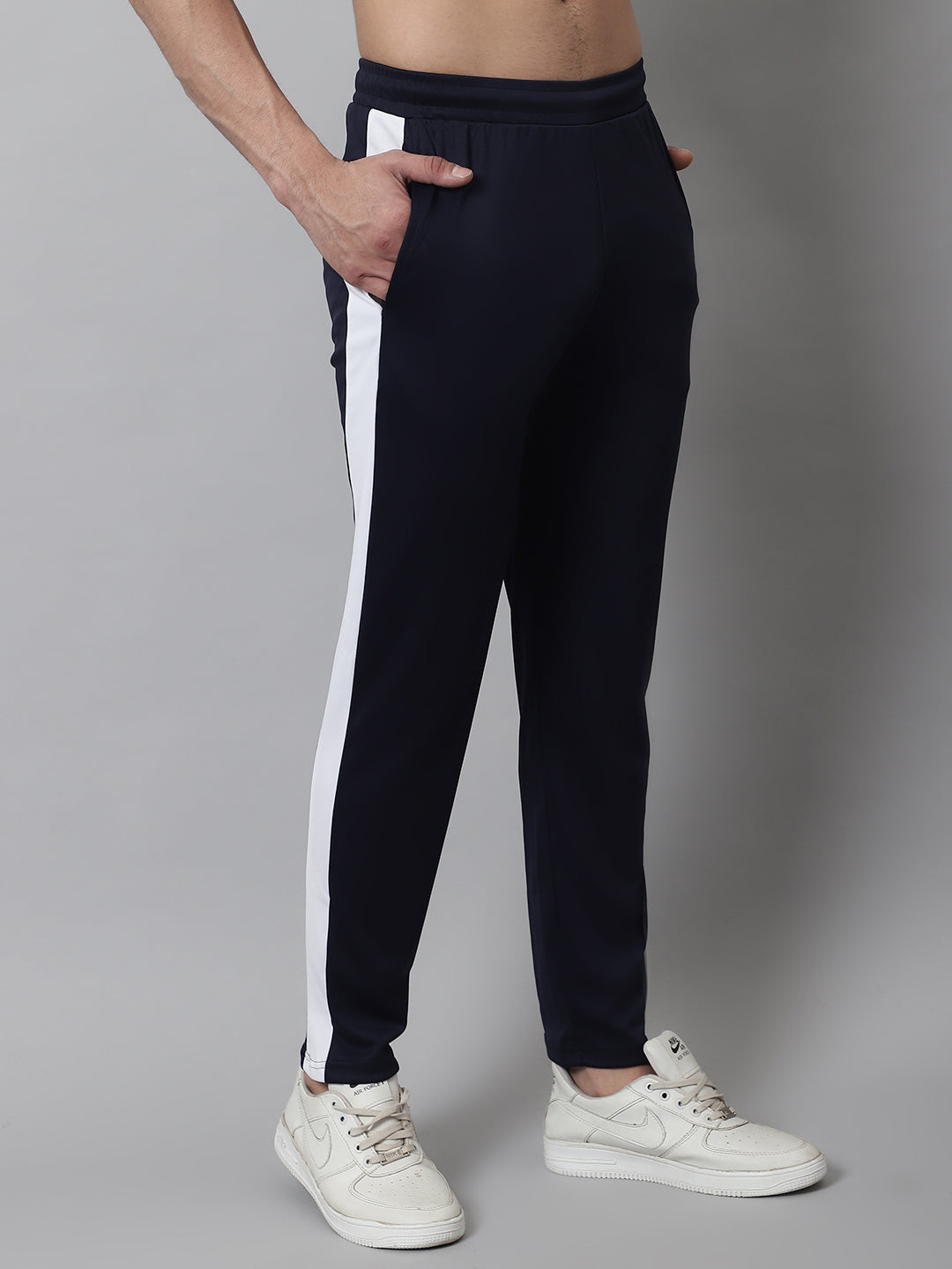 Jainish Men's Navy Blue and White Striped Streachable Lycra Trackpants - Distacart