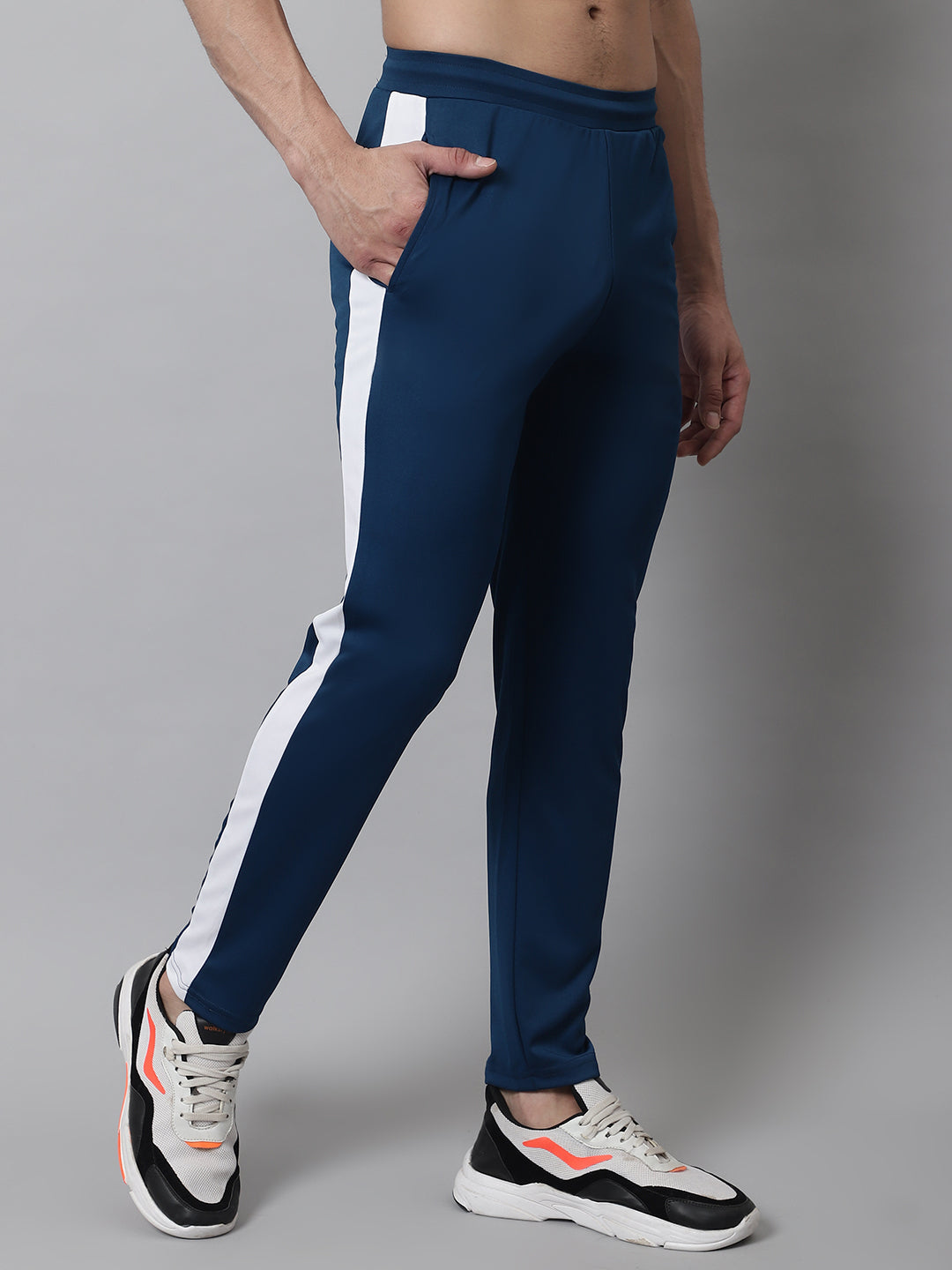 Jainish Men's Peacock Blue and White Striped Streachable Lycra Trackpants - Distacart