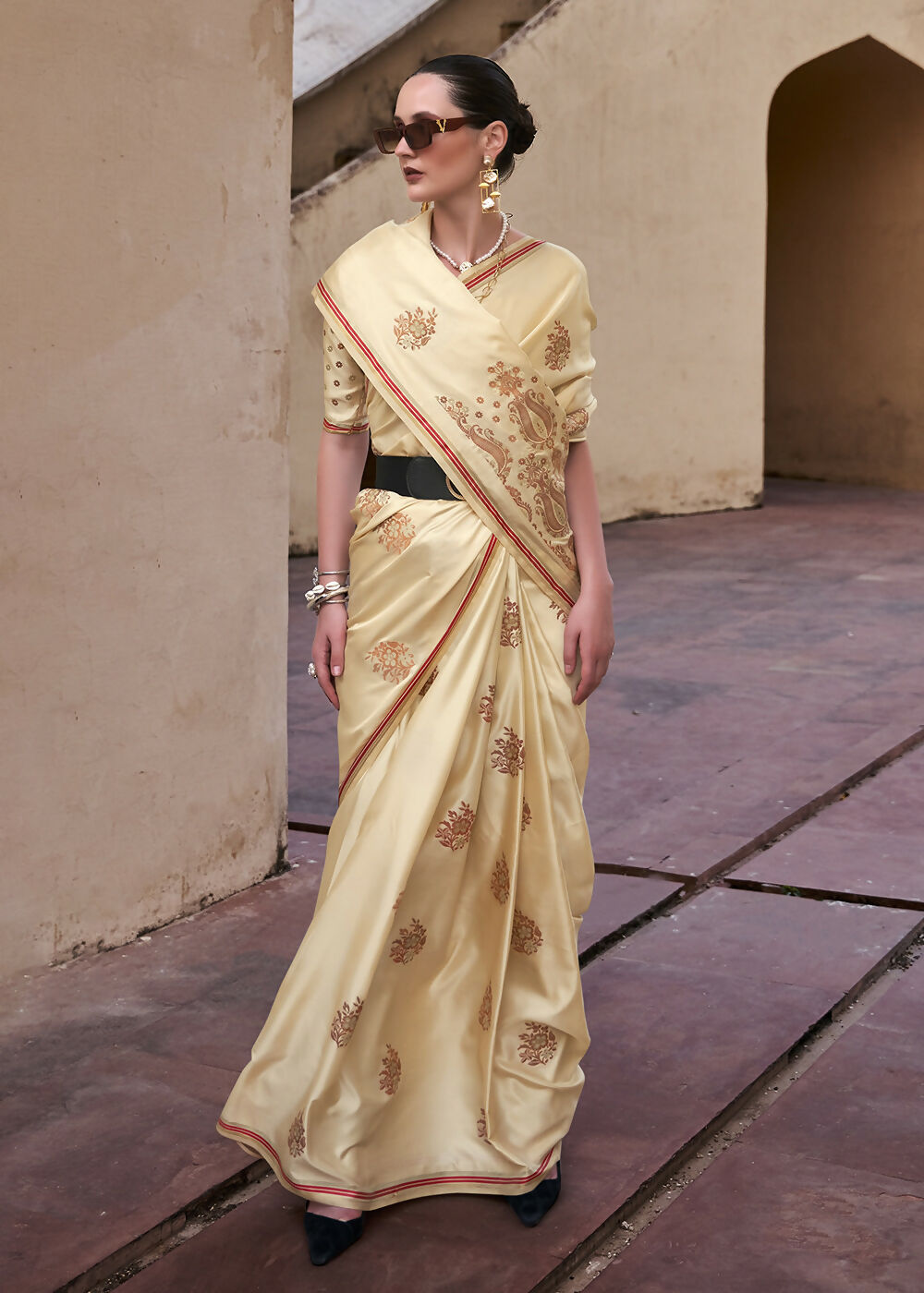 Buttermilk Beige Pure Satin Zari Weaving Wedding Festive Saree - Emponline - Distacart