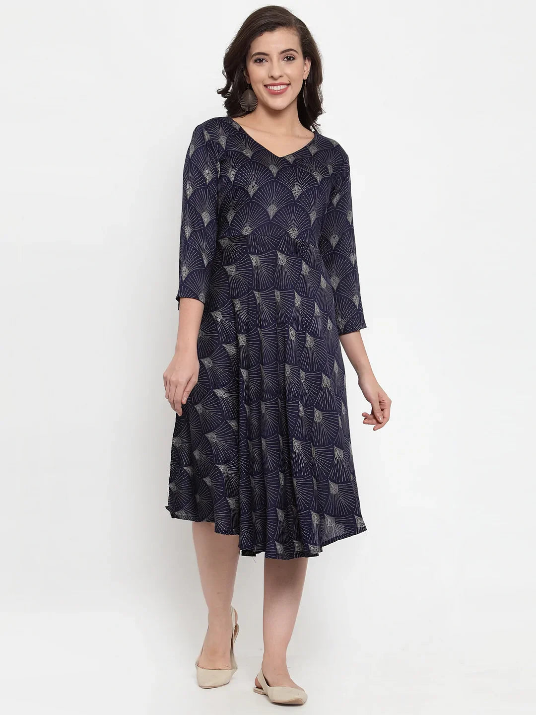 Jompers Women's Navy Blue Printed Fit and Flare Ethnic Dress - Distacart