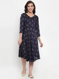 Thumbnail for Jompers Women's Navy Blue Printed Fit and Flare Ethnic Dress - Distacart