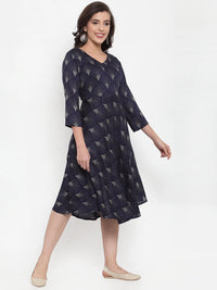 Thumbnail for Jompers Women's Navy Blue Printed Fit and Flare Ethnic Dress - Distacart