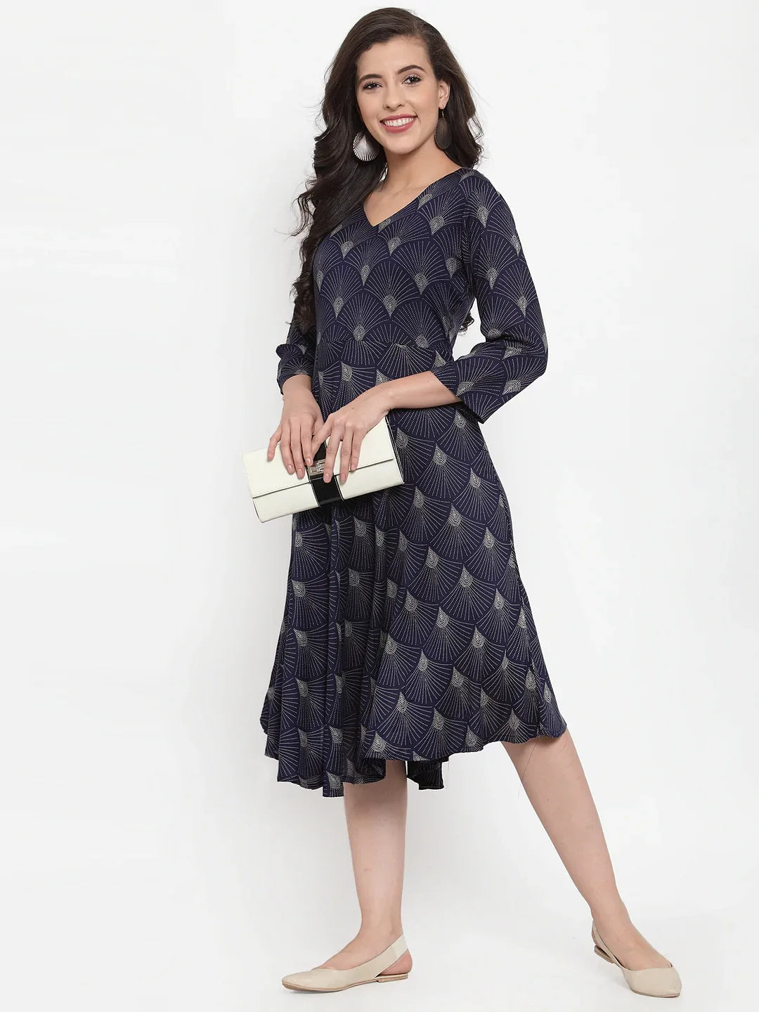 Jompers Women's Navy Blue Printed Fit and Flare Ethnic Dress - Distacart