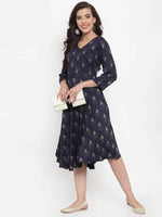 Thumbnail for Jompers Women's Navy Blue Printed Fit and Flare Ethnic Dress - Distacart