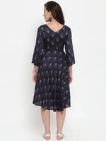 Thumbnail for Jompers Women's Navy Blue Printed Fit and Flare Ethnic Dress - Distacart