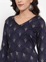 Thumbnail for Jompers Women's Navy Blue Printed Fit and Flare Ethnic Dress - Distacart