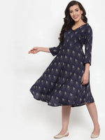 Thumbnail for Jompers Women's Navy Blue Printed Fit and Flare Ethnic Dress - Distacart