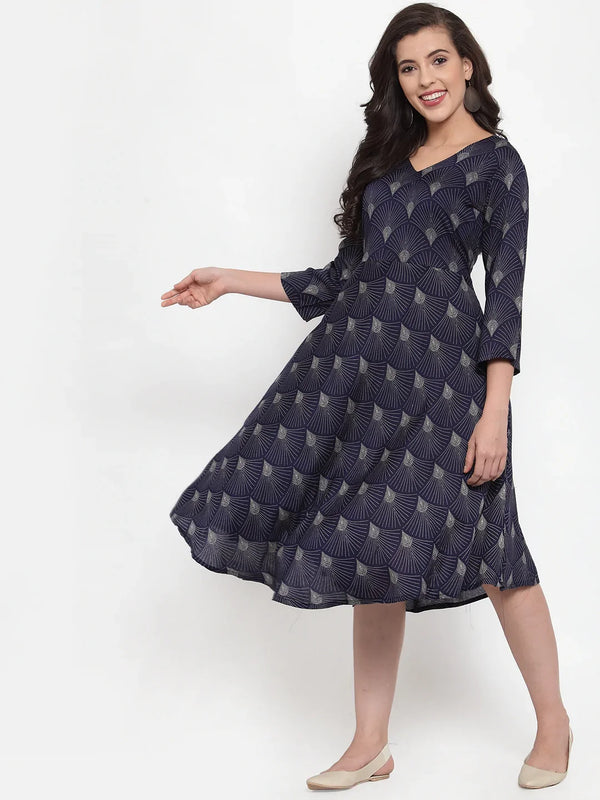 Jompers Women's Navy Blue Printed Fit and Flare Ethnic Dress - Distacart
