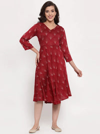 Thumbnail for Jompers Women's Maroon Printed Fit and Flare Ethnic Dress - Distacart