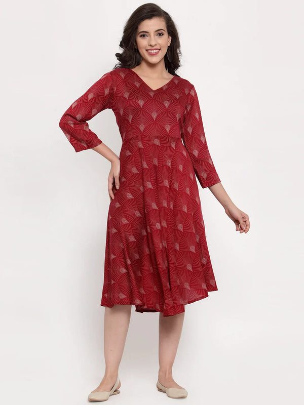 Jompers Women's Maroon Printed Fit and Flare Ethnic Dress - Distacart