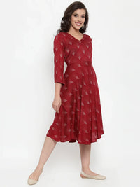 Thumbnail for Jompers Women's Maroon Printed Fit and Flare Ethnic Dress - Distacart