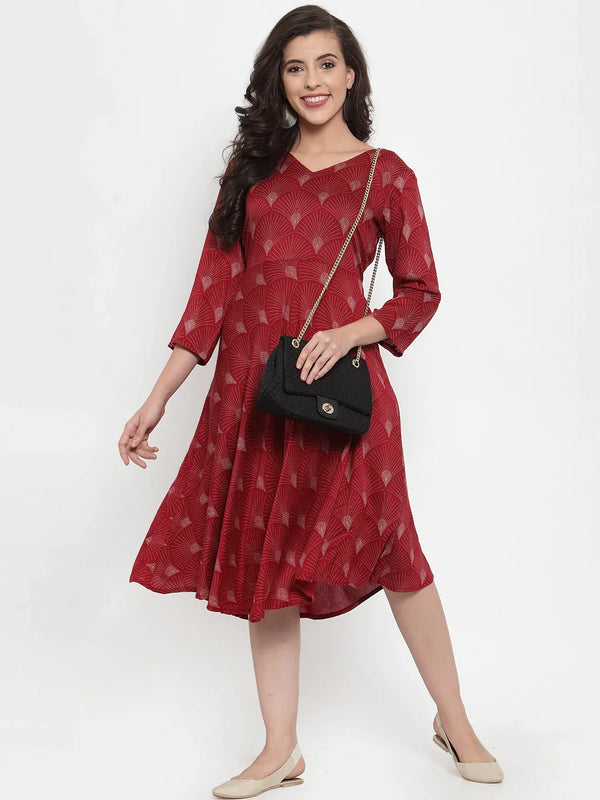 Jompers Women's Maroon Printed Fit and Flare Ethnic Dress - Distacart