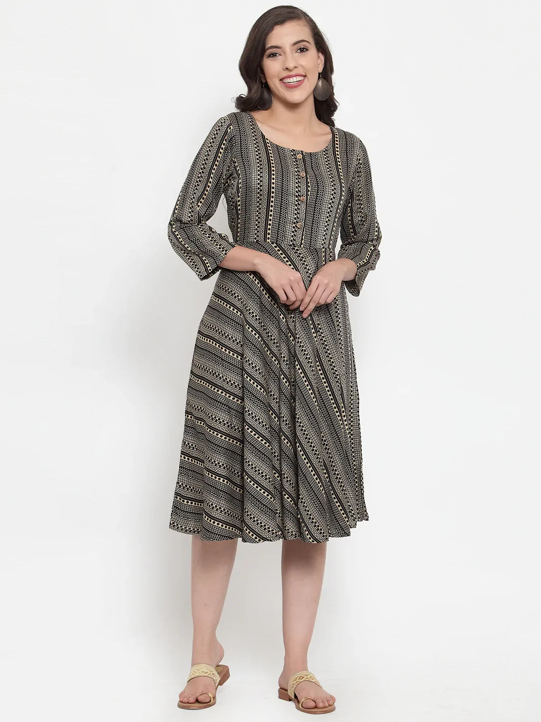 Jompers Women's Black Printed Fit and Flare Ethnic Dress - Distacart