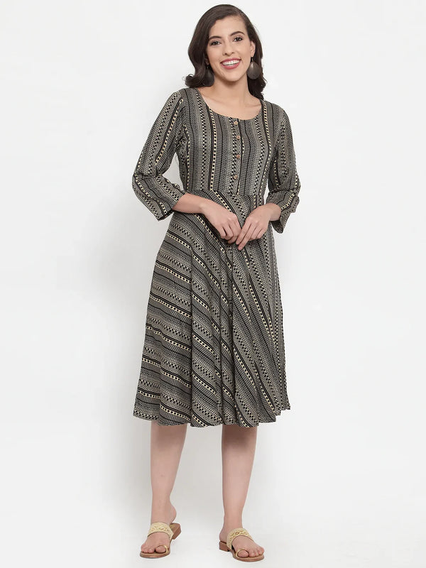 Jompers Women's Black Printed Fit and Flare Ethnic Dress - Distacart