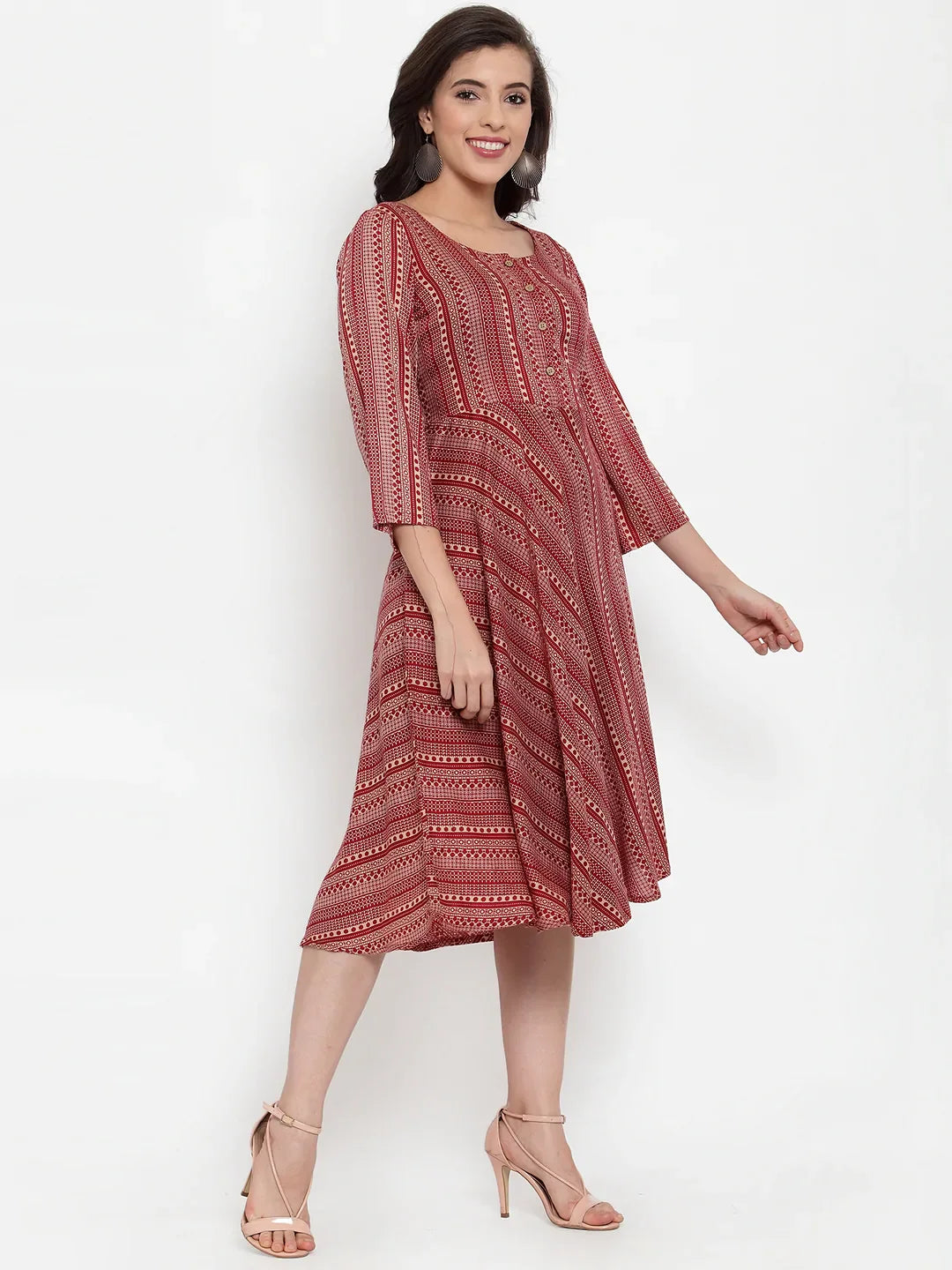 Jompers Women's Maroon Printed Fit and Flare Ethnic Dress - Distacart