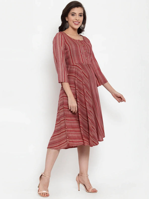 Jompers Women's Maroon Printed Fit and Flare Ethnic Dress - Distacart