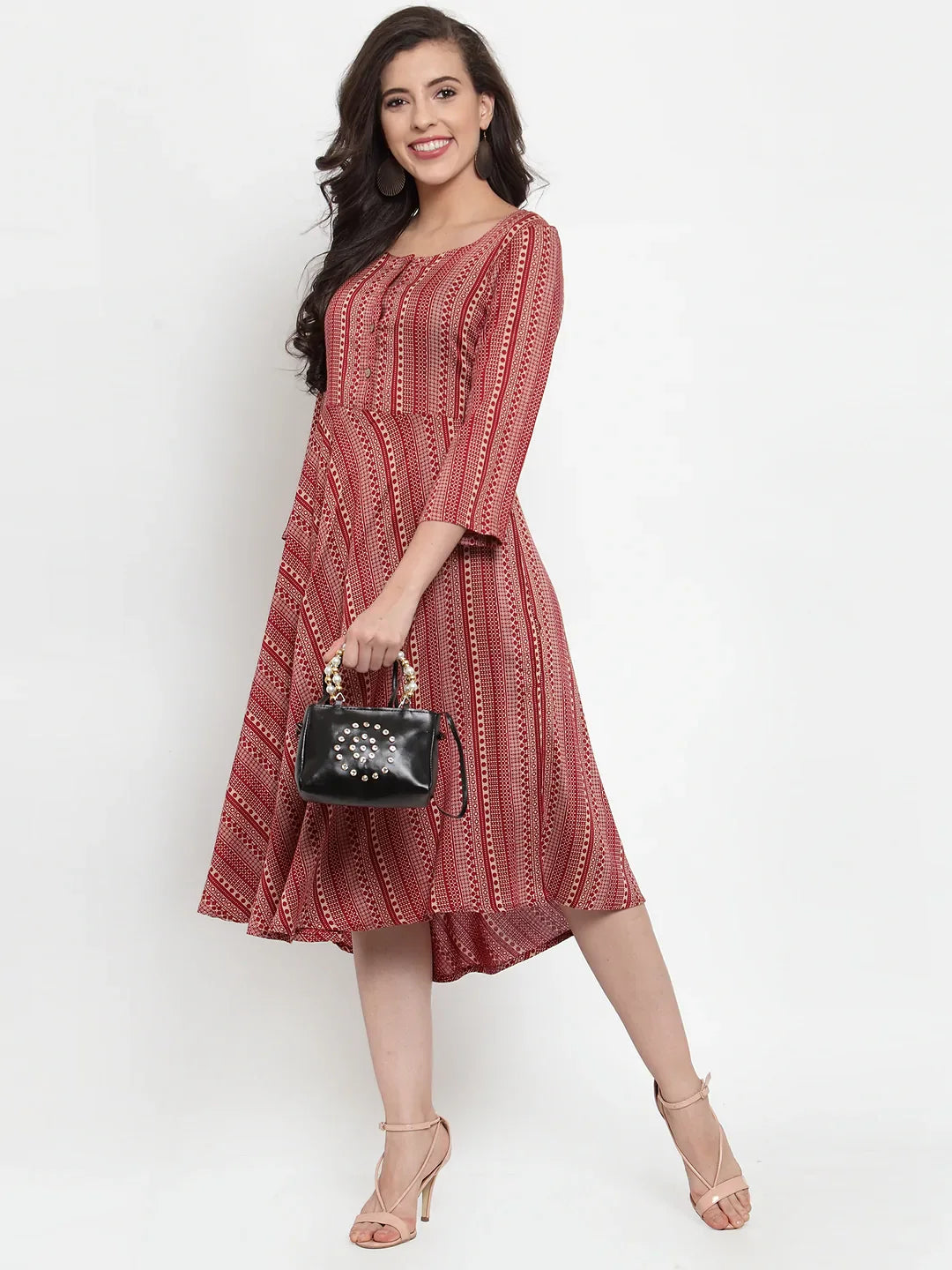 Jompers Women's Maroon Printed Fit and Flare Ethnic Dress - Distacart