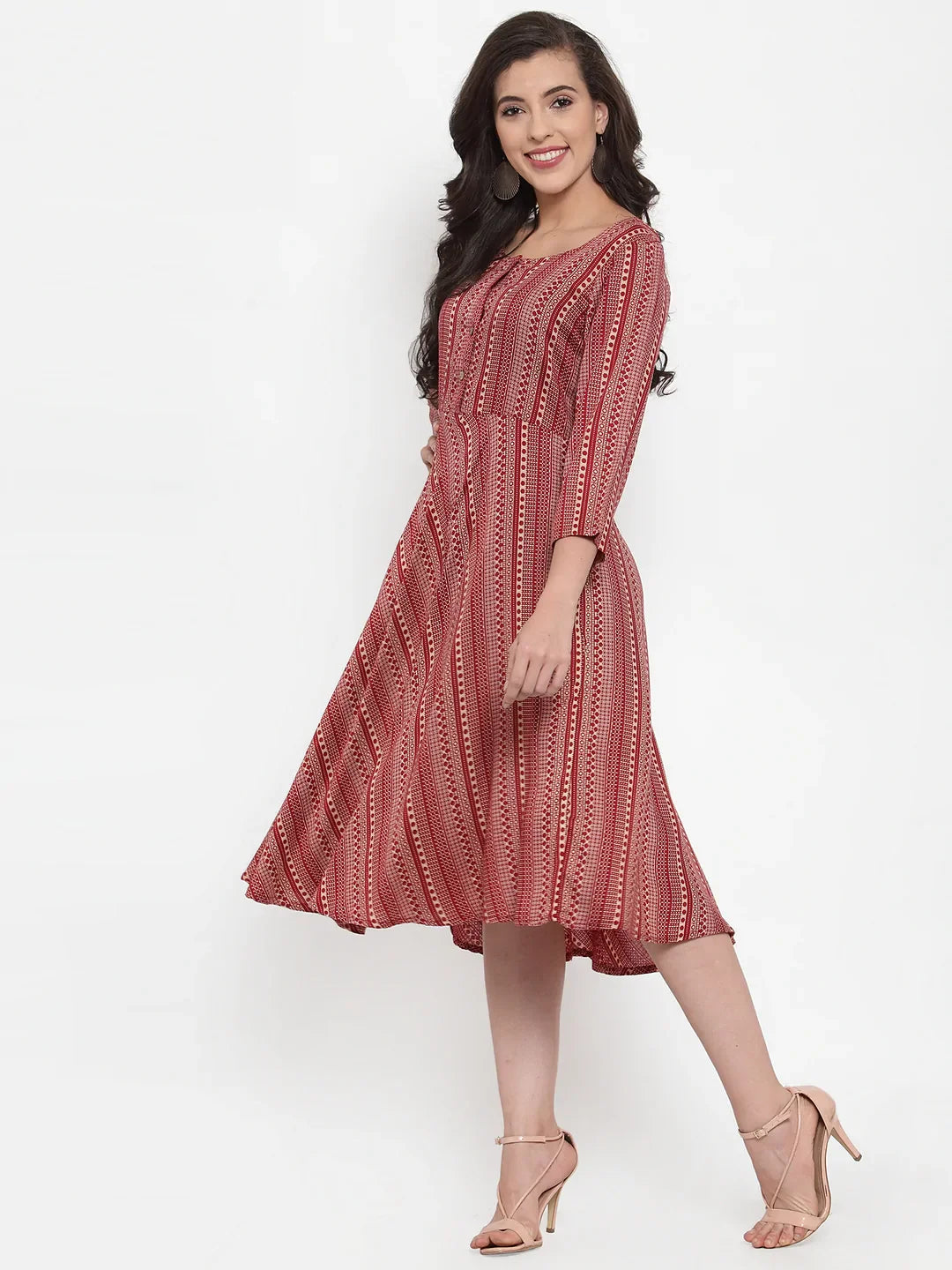 Jompers Women's Maroon Printed Fit and Flare Ethnic Dress - Distacart