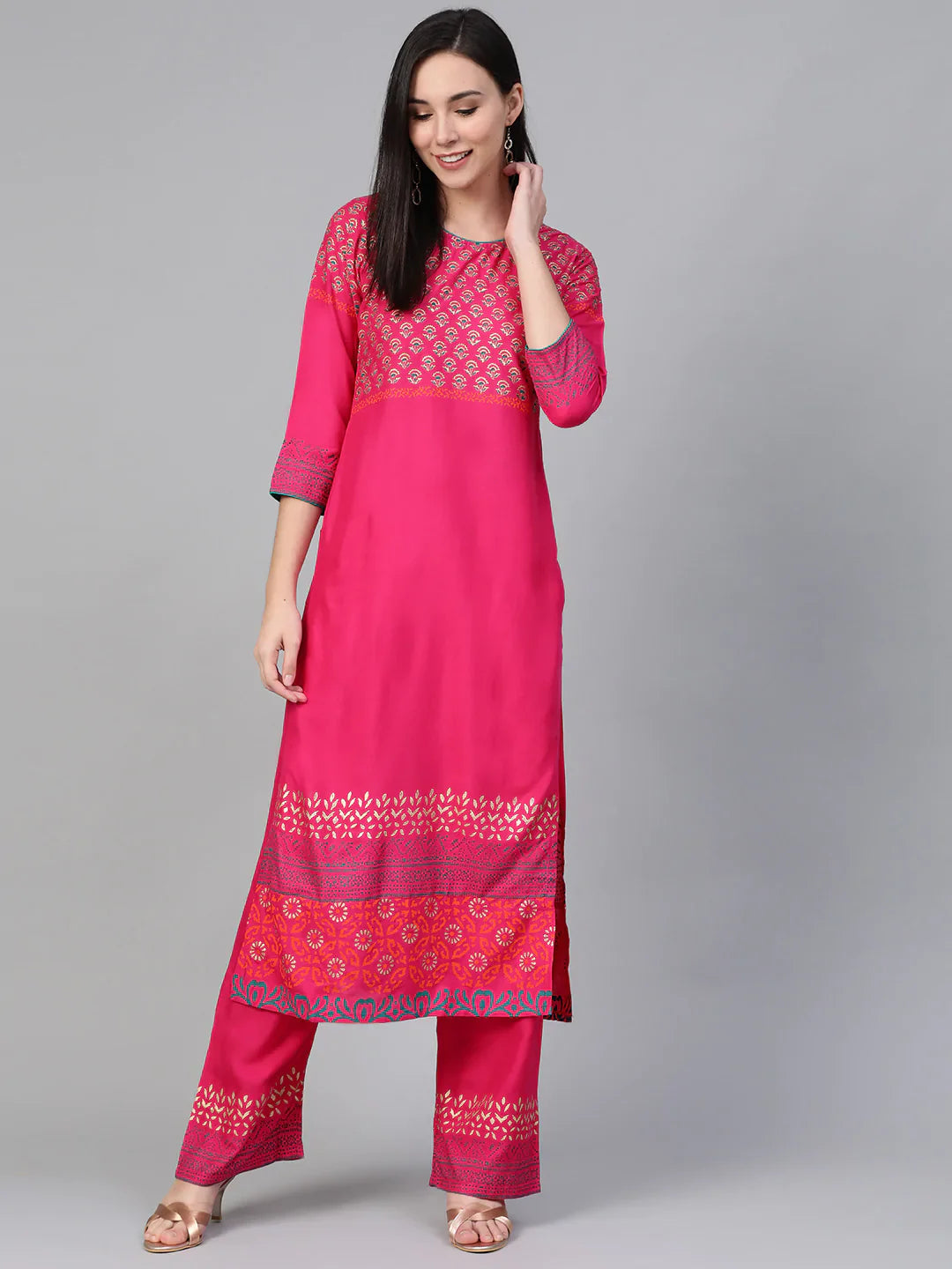 Jompers Women's Pink & Golden Yoke Design Kurta with Palazzos - Distacart