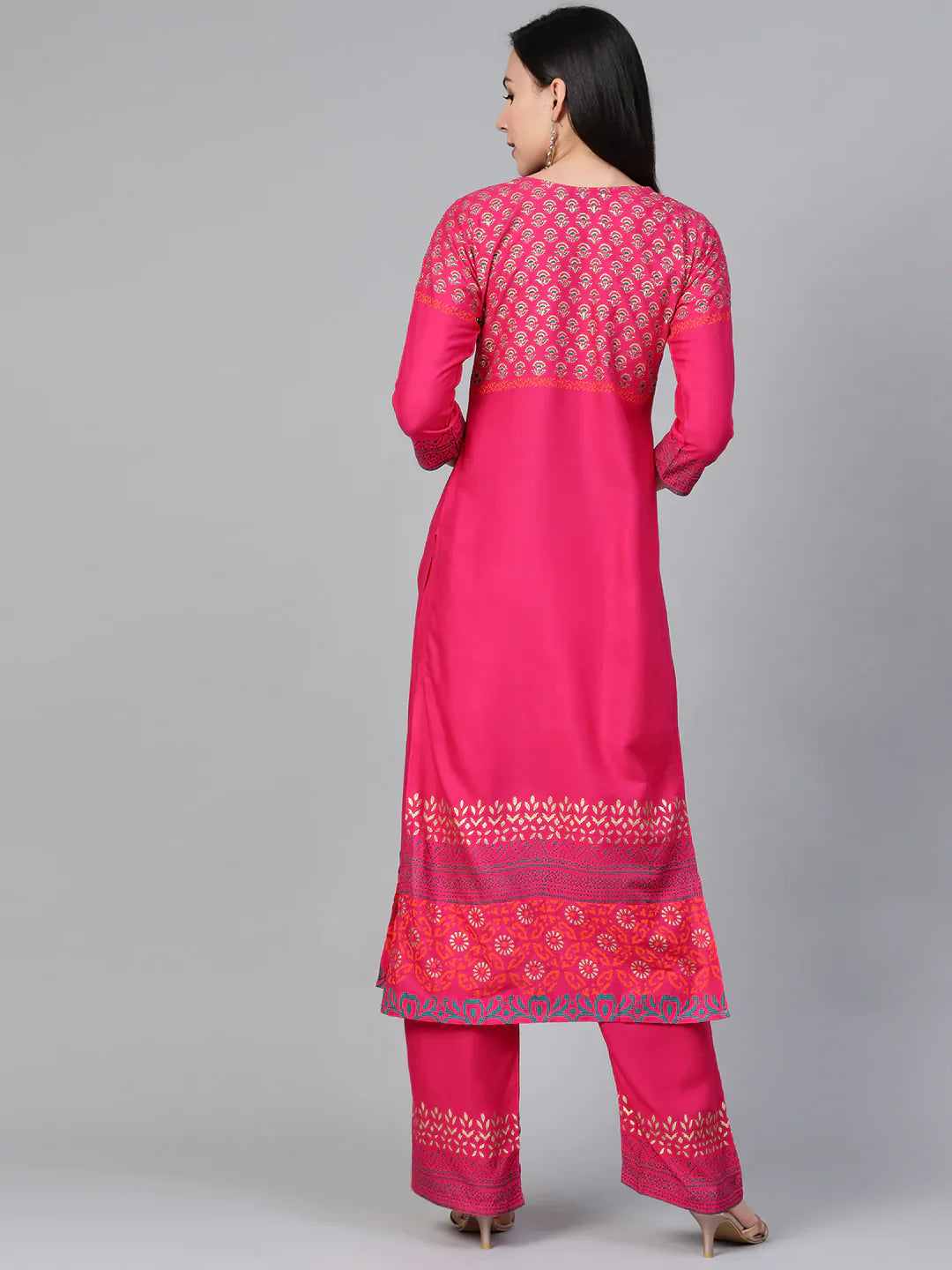 Jompers Women's Pink & Golden Yoke Design Kurta with Palazzos - Distacart