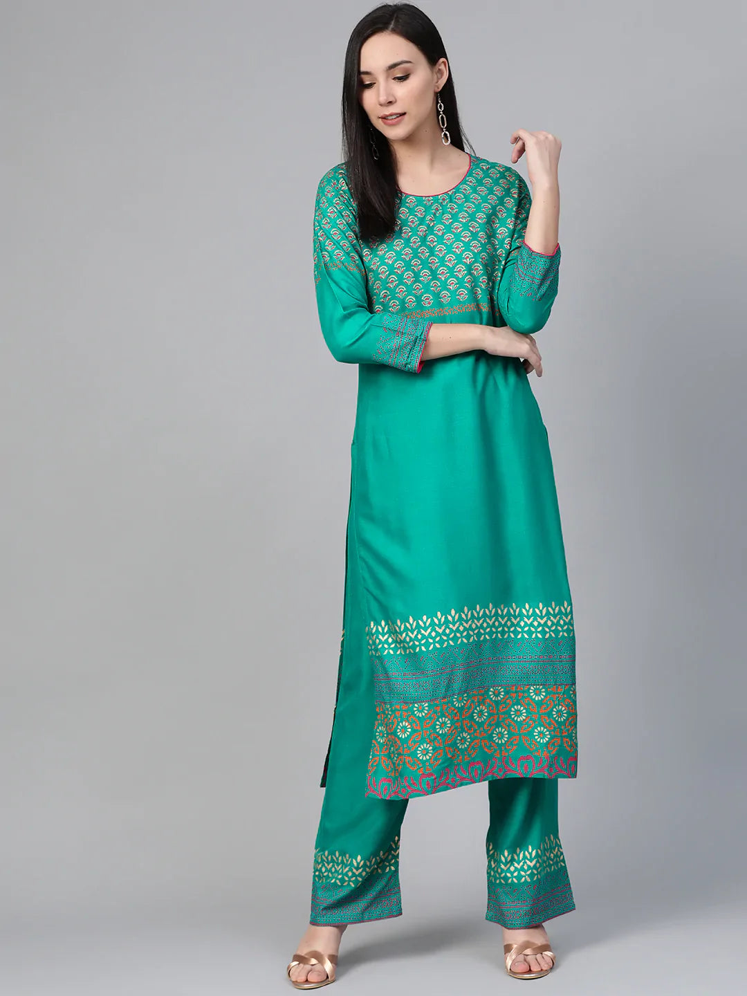 Jompers Women's Rama-Green & Golden Yoke Design Kurta with Palazzos - Distacart