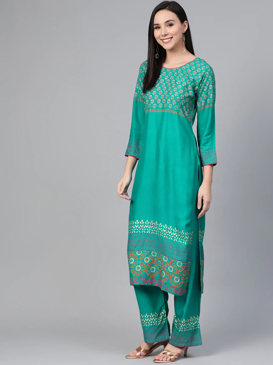 Jompers Women's Rama-Green & Golden Yoke Design Kurta with Palazzos - Distacart