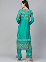 Thumbnail for Jompers Women's Rama-Green & Golden Yoke Design Kurta with Palazzos - Distacart