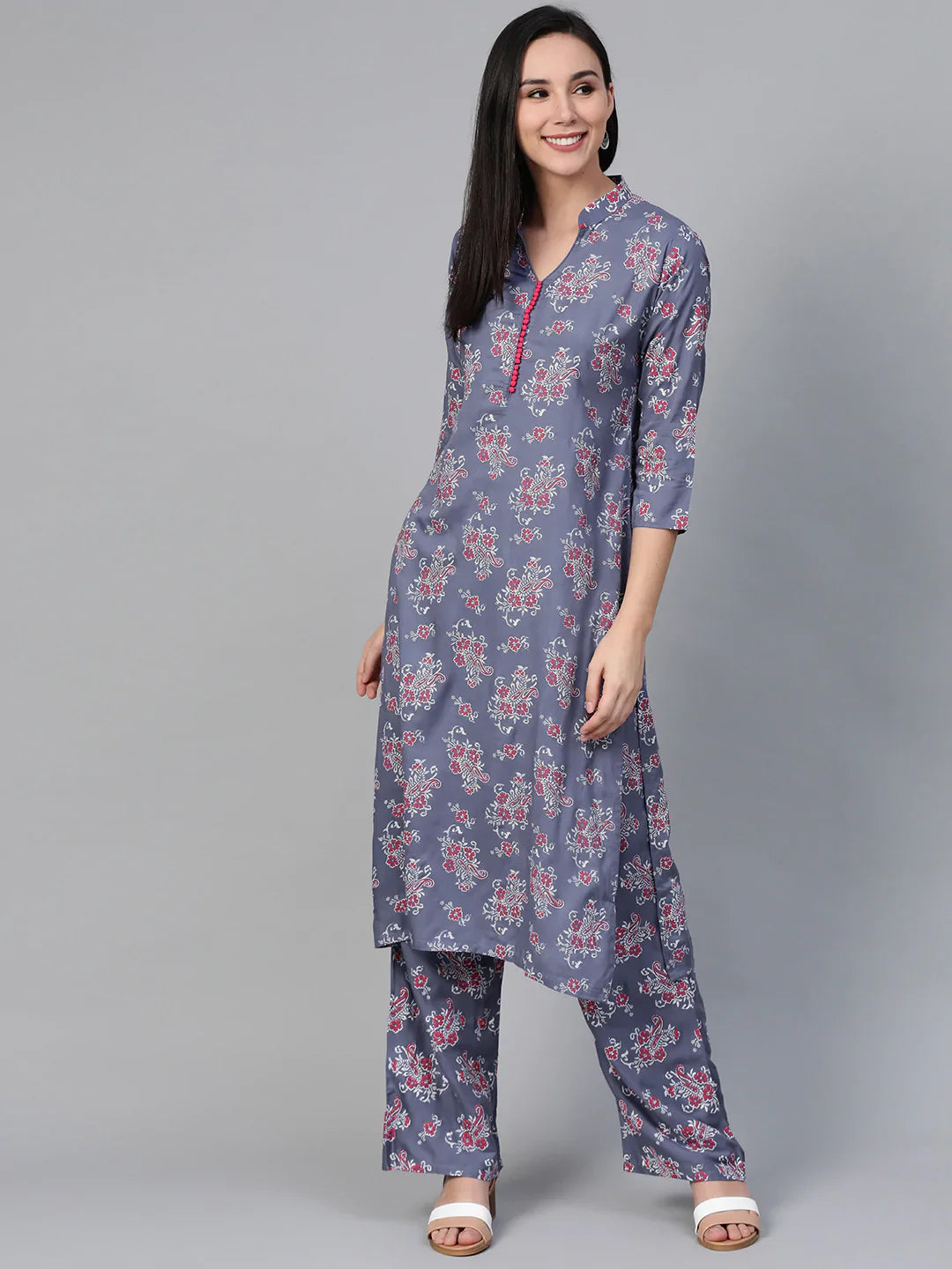 Jompers Women's Grey & Pink Block Printed Kurta with Palazzos - Distacart