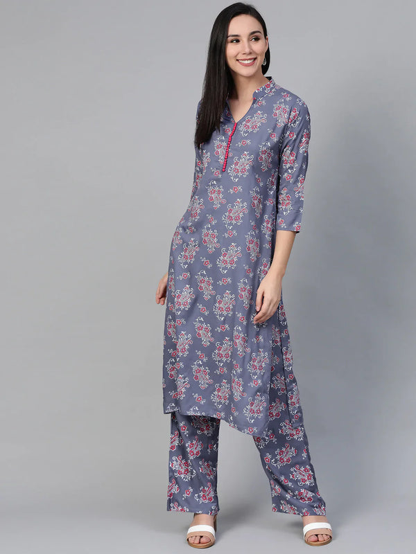Jompers Women's Grey & Pink Block Printed Kurta with Palazzos - Distacart