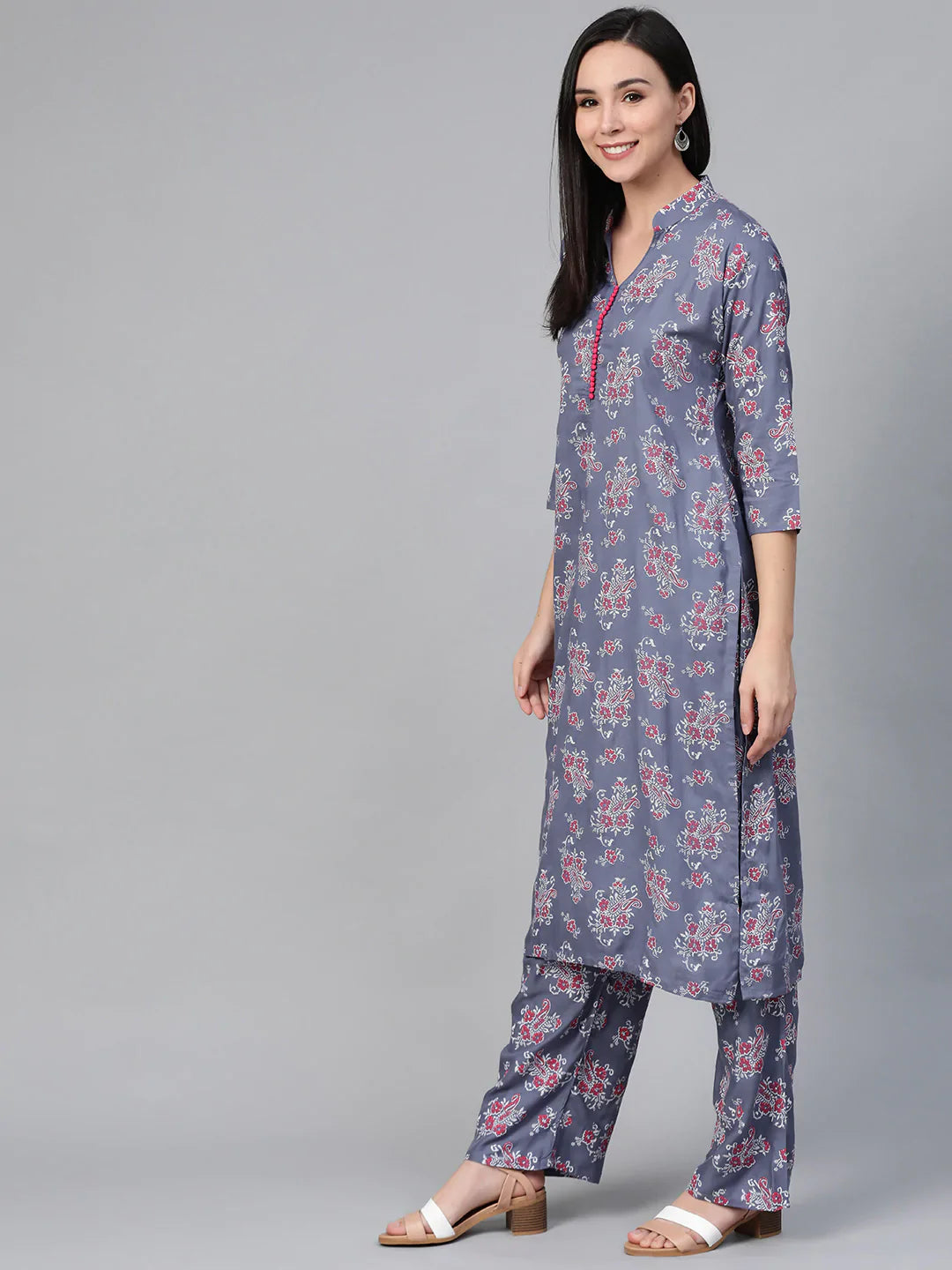 Jompers Women's Grey & Pink Block Printed Kurta with Palazzos - Distacart
