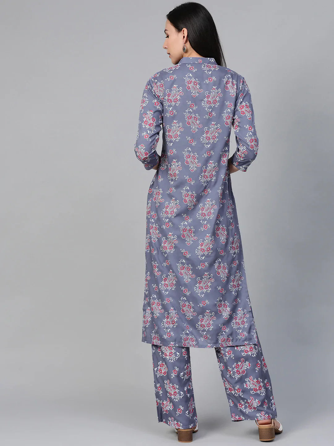 Jompers Women's Grey & Pink Block Printed Kurta with Palazzos - Distacart