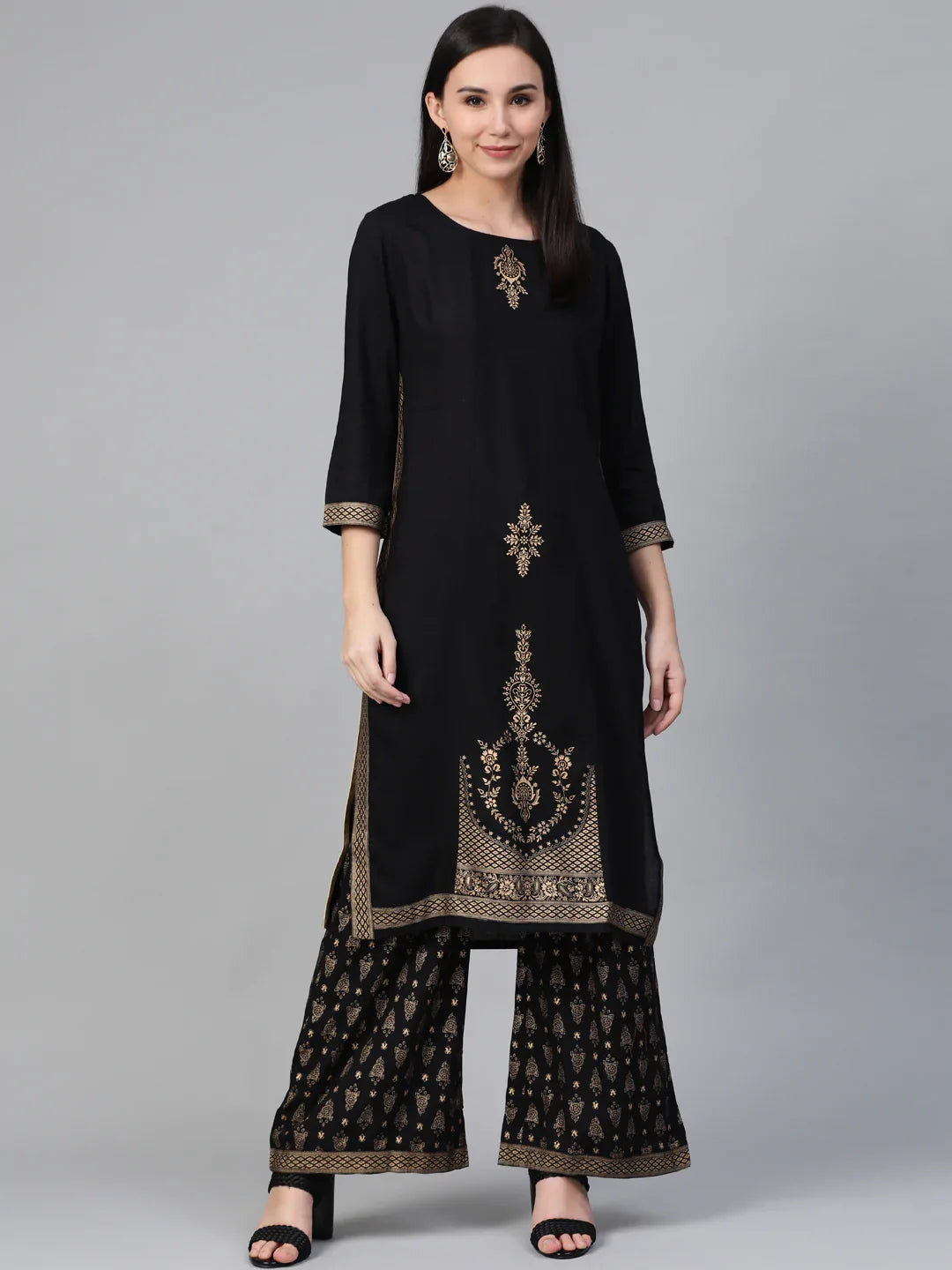 Jompers Women's Black & Golden Block Printed Kurta with Palazzos - Distacart