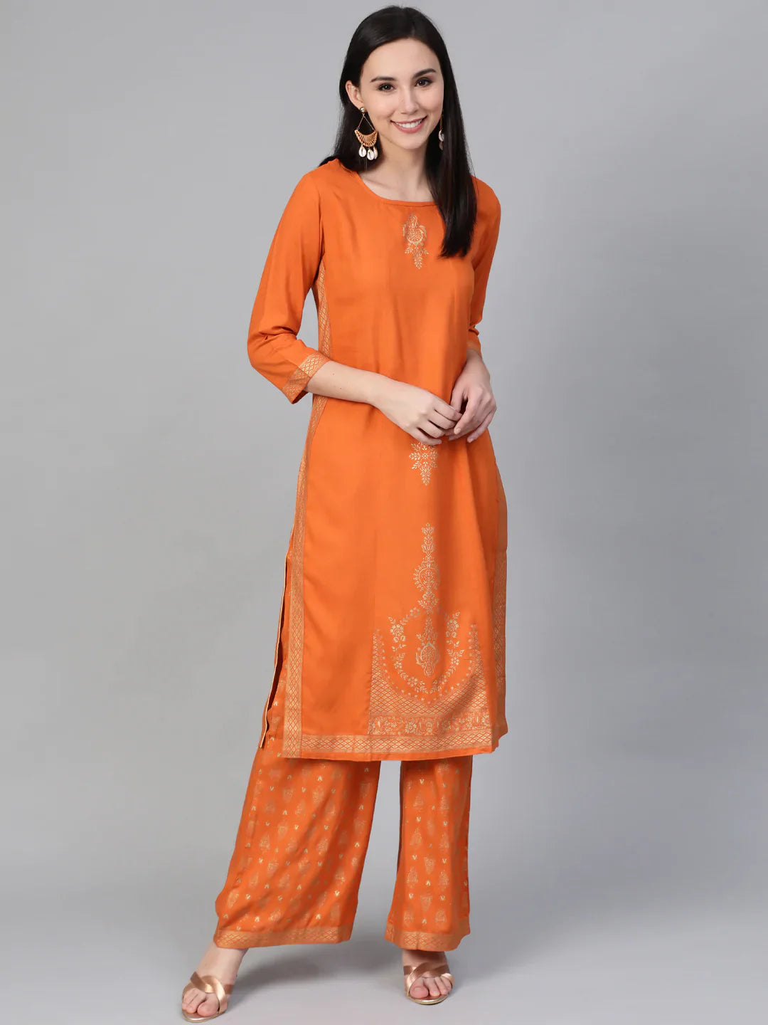 Jompers Women's Orange & Golden Block Printed Kurta with Palazzos - Distacart