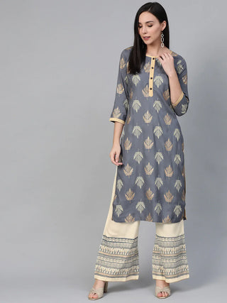 Jompers Women's Grey & Cream-Coloured Block Print Kurta with Palazzos - Distacart