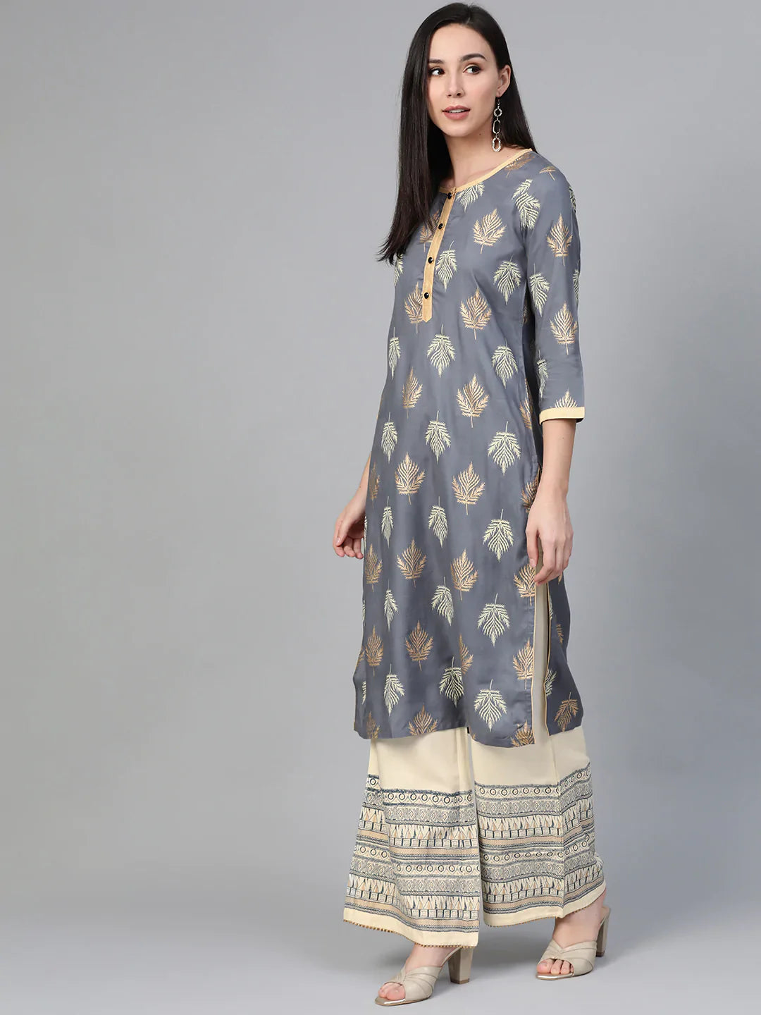 Jompers Women's Grey & Cream-Coloured Block Print Kurta with Palazzos - Distacart