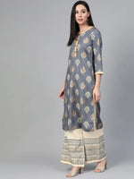 Thumbnail for Jompers Women's Grey & Cream-Coloured Block Print Kurta with Palazzos - Distacart
