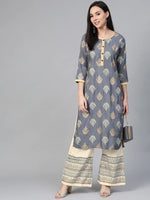 Thumbnail for Jompers Women's Grey & Cream-Coloured Block Print Kurta with Palazzos - Distacart