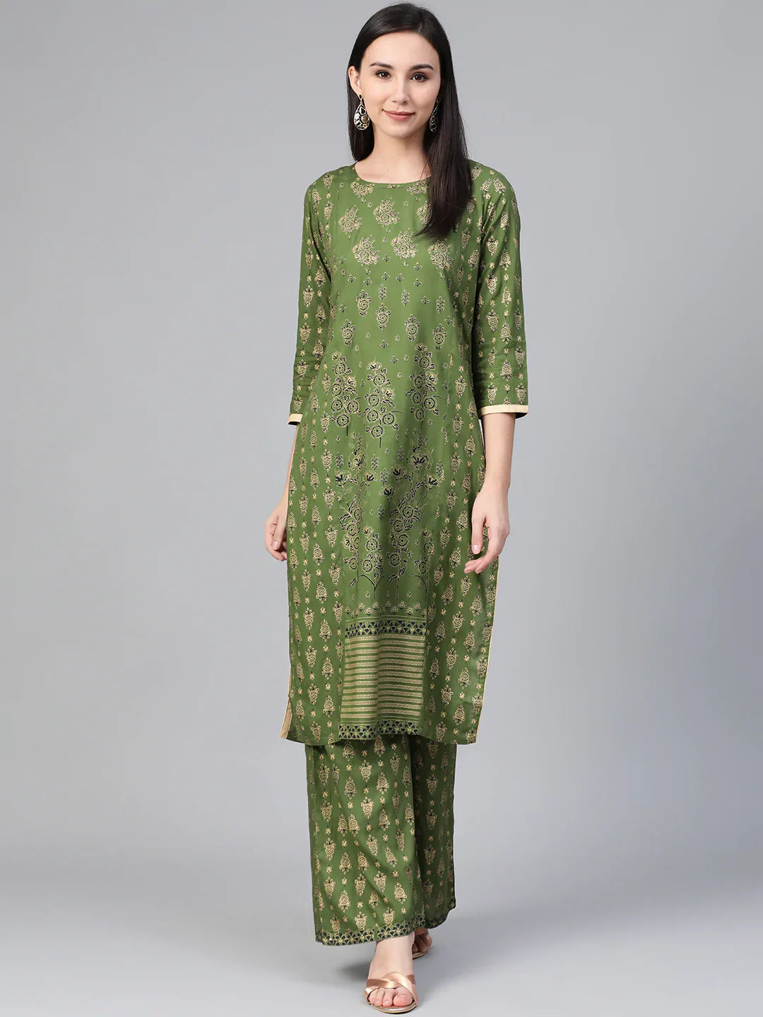 Jompers Women's Green & Golden Block Printed Kurta with Palazzos - Distacart